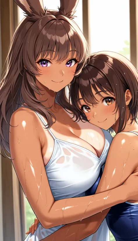  score_9, score_8_ up the side, score_7_ up the side, super precision ,  absolute resolution ,  Detailed Beautiful Faces and Eyes, super realistic,((Two beautiful tanned Viera girls)), ((向き合って hug each other)), 23, (),  brown hair, , wet body, wet hair, Re...