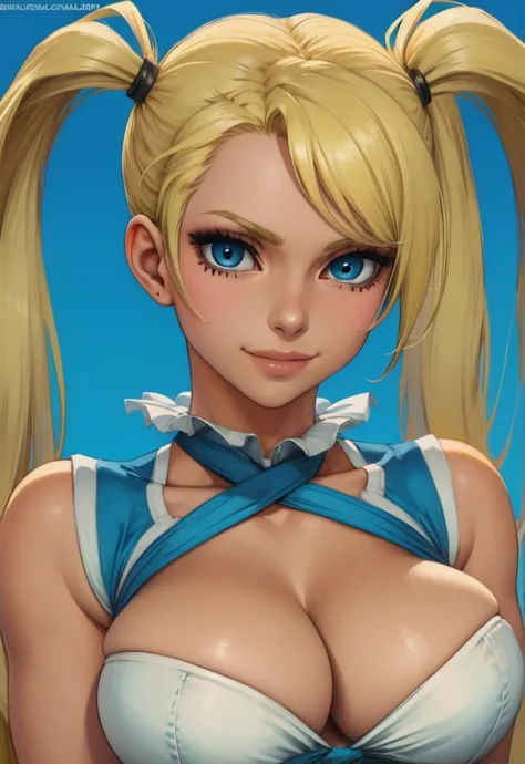 mika,blue eyes,blonde hair,twintails,serious,   smile,   cleavage,  
(insanely detailed, beautiful detailed face, beautiful detailed eyes, masterpiece, best quality),solo,