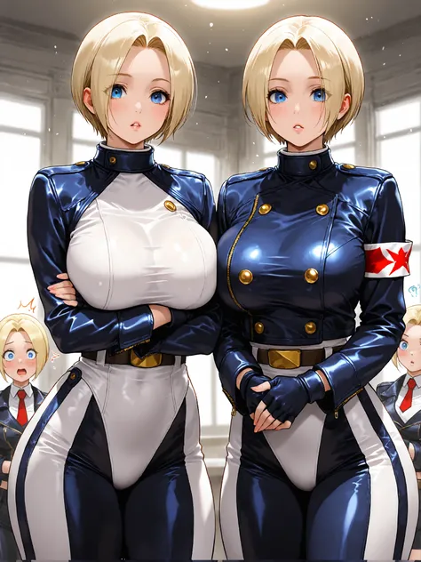 2girls, Angel (from King of Fighters) and her clone from King of Fighters, King of Fighters, Angel's suit, Dimly lit lab, They have different hair colors (each girl), big busty breasts, parted lips, Angel's clone, they're almost kissing each other, glance ...