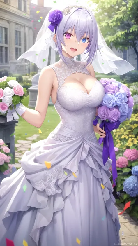 masterpiece, best quality, girl, solo, looking at viewer, tsukasa_mikogami, grey hair, purple eyes, heterochromia, blue eyes, hair between eyes, large breasts, wedding Dress, standing, garden, confetti, holding bouquet,smile, open mouth