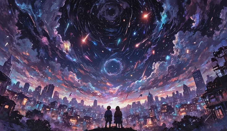  Dutch angle view of a very beautiful end-of-world scene ,  Lots of beautiful meteors are pouring down 、Blowing away the clouds 、 illuminating a beautiful vibrant city .  a very dynamic and dramatic picture .  The sky is 、 beautifully spread out in rare an...