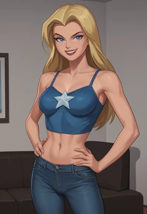 safe_pos, PonyXLV6_Scores BREAK ((retro artstyle, parody)), perfect anatomy, cowboy shot) 1girl, blonde hair, long hair, blue eyes, flirting, raised eyebrow, ((looking at viewer)), star (symbol), superhero, navy blue tank top, navy blue jeans, curvy, toned...