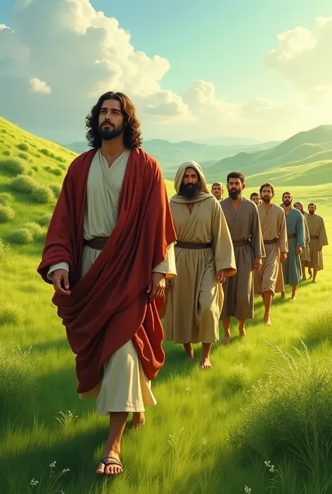 A group of people walking with Jesus Christ through a green field.