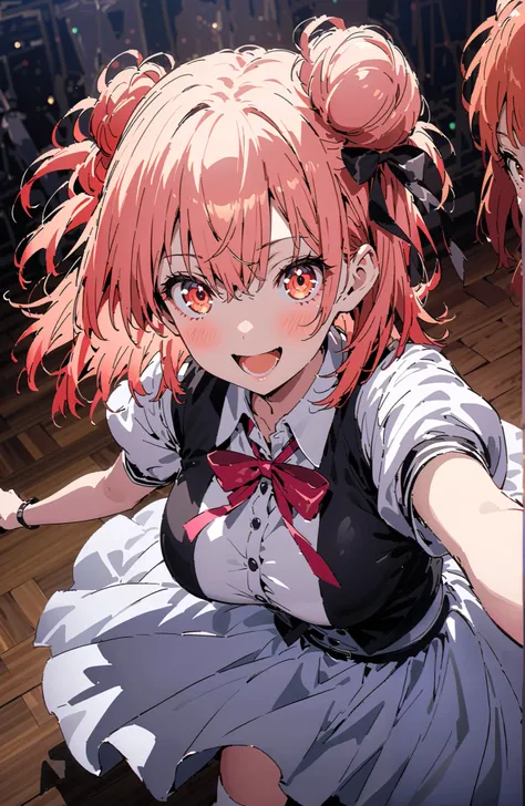 yuiyuigahama,   Yuigahama Yui  ,  short hair,  brown eyes,  pink hair with crotch,  hair bun, single  hair bun,Big Breasts,smile,blush, open your mouth, idol costume, dress,collared  dress, jacket,cropped  jacket,Short sleeve,bowtie,bow,button, above Decor...