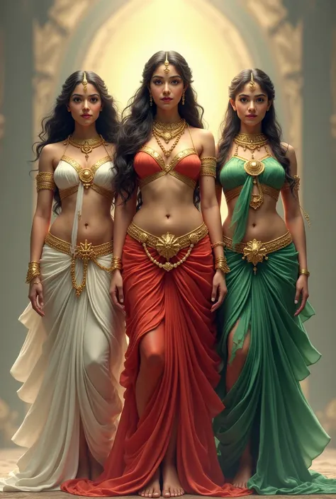 Hindu goddess saraswati, lakshmi, parvati standing naked full body in white, red, green cloth exposed navel, big boobs