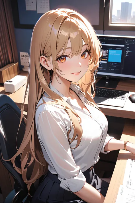 1 girl, (cute face), office lady, (gentle smile), (long hair:1.2), medium breasts, slim, (wearing stylish business attire), knee length skirt, (elegant blouse), (porcelain skin), 
BREAK 
modern office environment, desk, computer, (holding a coffee cup:1.2)...