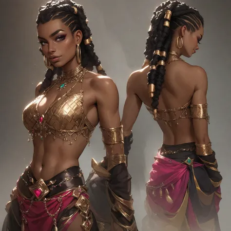 Seductive Island Dancer, dark Skin, Long dreadlocks, rainbow colored dreadlocks, Black and Gold, Fantasy Character Concept Art, Fantasy Equipment Concept Art