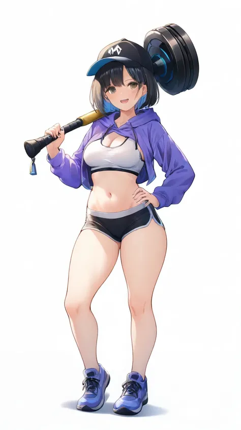 solo, ( ), ( Masterpiece),  ( anatomically correct from toe to head),  bob cut hair, ( Black and Peach Gradation Colored Hair:1.2), Thick thighs,  Fuzzy Purple Hoodie ,  white sports bra,  black spats, ( white background),  standing picture,  and laugh,  B...