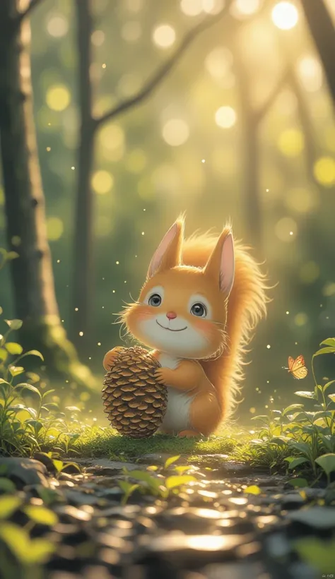  A furry squirrel hugs a huge pine cone tightly, with excitement flashing in its eyes. The squirrel curls up on the edge of a tree hole covered with soft moss, and the sun shines through the leaves of the forest, surrounded by tall trees covered with vines...