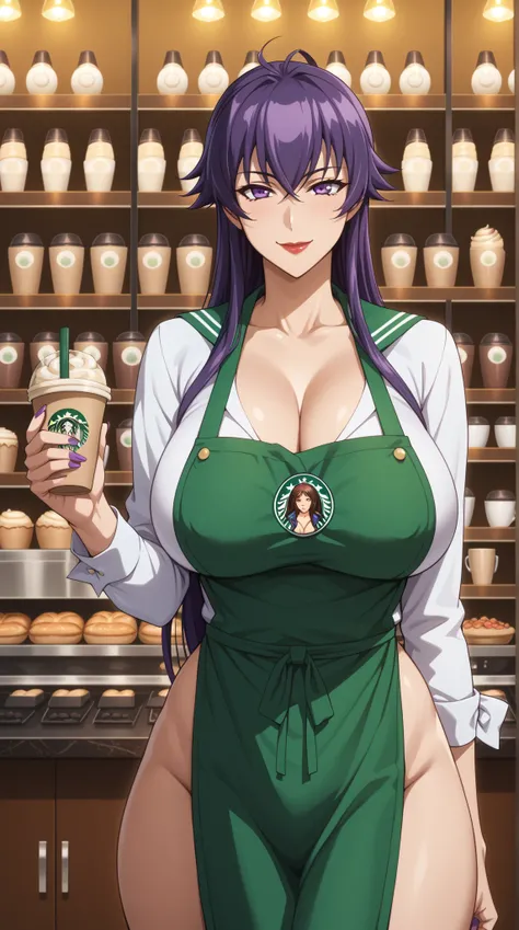 Girls, smile, red lips, fair skin, long hair, bog boobs, big breats, big ass, big butt, sexy body, thic body, sexy girls, nails, purple nails colors, apron, starbucks apron, barista girls, barista girls starbucks, Right hand holding a Starbucks drinking gl...