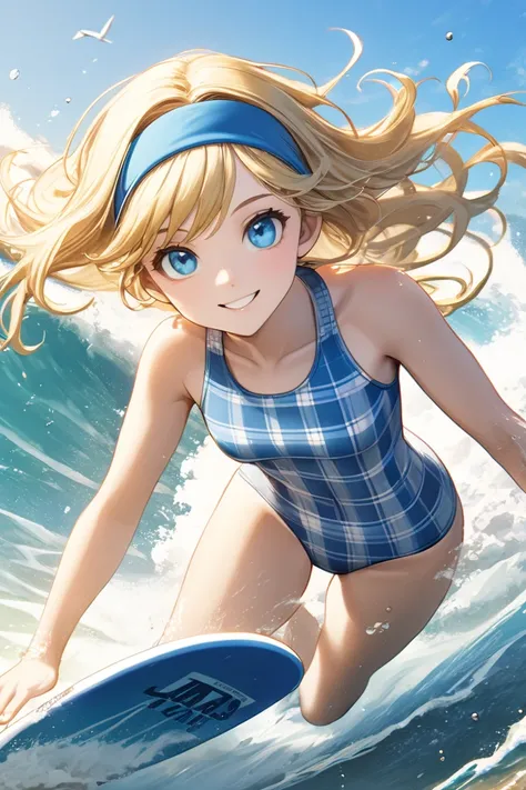  top quality,   ultra high resolution、(( girl))、 beach、 long blonde, blue eyes,Alice、 blue headband、blue and white plaid swimsuit 、 surfing、smile