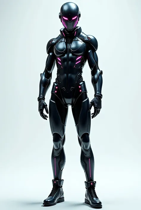 Generate a full-body cyberpunk character, fully visible from head to toe, standing straight and facing forward. The character has cybernetic implants, glowing neon elements on their sleek futuristic outfit with LED accents. They have a mechanical arm, high...