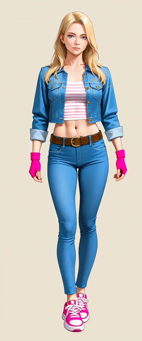 Adult woman, long hair, blonde, blue eyes, muscular body, medium chest, blue denim jacket, long sleeves, fit pink and white striped crop shirt, scoop neckline, fingerless pink gloves, navel, blue denim long pants with brown metal belt, pink sneaker, full b...