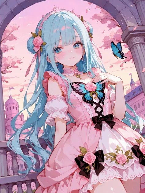 masterpiece, best quality, ultra-detailed, an anime-style scene featuring a young girl with long, flowing blue hair and big, sparkling blue eyes. She stands in front of a whimsical pink castle, her expression soft and curious as she looks back over her sho...
