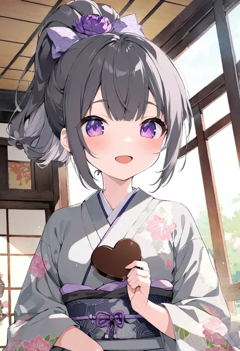   (masterpiece),8k,  (lovely), a girl, junior high school student, solo, (lovely), (deep charcoal gray hair, ponytail hairstyle, long ponytail at the back), a small purple peony hair accessory,   (beautiful purple eyes :1.2), Chic kimono with floral patter...