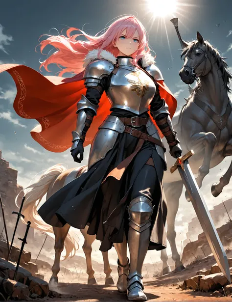 1girl, an anime warrior girl, rune Knight,large cape, wasteland, Wearing a soft armor,big large bosom (inside armor's breastplate), broadsword on her hand,serious, curvy body, milf's hips, She's a cavalry, riding a giant wolf (instead of a horse, She's rid...