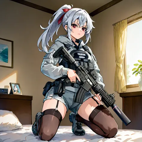 A tactical anime-style adult female soldier wearing tactical gear with a fleshy, glamorous figure。Silver hair is tied in a ponytail with a short navy band、 has red eyes 。Has an impatient expression。 equip it with black tactical armor over a gray hooded jac...