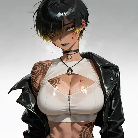 1girl, black short hair with a dark yellow gradient on the tips, tomboy, large breasts, black choker, yellow eyes, black necklace,  tribal tattoo, many tattoos, earring, cleavage cutout, crop top, leather jacket, black lips, (tanned), shaded face, hair cov...