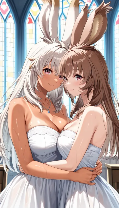  score_9, score_8_ up the side, score_7_ up the side, super precision ,  absolute resolution ,  Detailed Beautiful Faces and Eyes, super realistic,(( Two Beautiful Tanned Viera Girls)), ((向き合って hug each other)), 23, (((Two Viera Girls ))),  brown hair, whi...