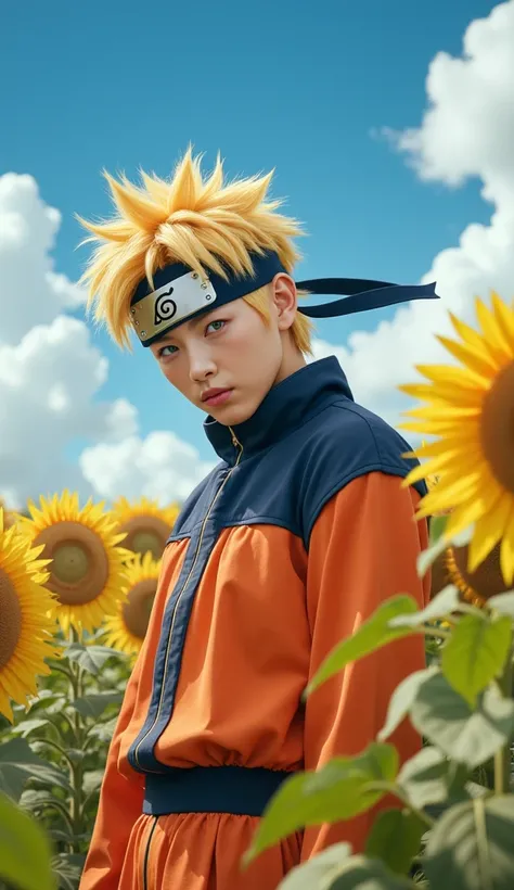  anime Naruto,  live action,8k,Realistic,background :blue sky sunflower