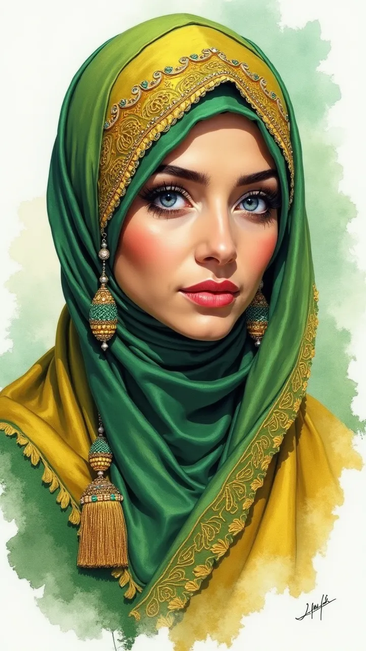 A watercolor-style painting of a beautiful Arab woman with a vibrant green and yellow headscarf. The headscarf is intricately designed with golden patterns and beadwork. The woman has striking blue eyes and her gaze is directed towards the viewer. She is w...