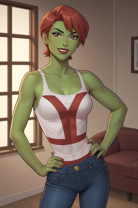 PonyXLV6_Scores BREAK (perfect anatomy, perfect eyes), BREAK mgann morzz, short hair, red hair, colored skin, green skin, freckles, brown eyes, makeup, lipstick, flirting, raised eyebrow, ((looking at viewer)), superhero, scarlet tank top, scarlet jeans, c...