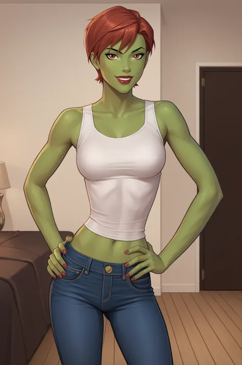 PonyXLV6_Scores BREAK (perfect anatomy, perfect eyes), BREAK mgann morzz, short hair, red hair, colored skin, green skin, freckles, brown eyes, makeup, lipstick, flirting, raised eyebrow, ((looking at viewer)), superhero, scarlet tank top, scarlet jeans, c...