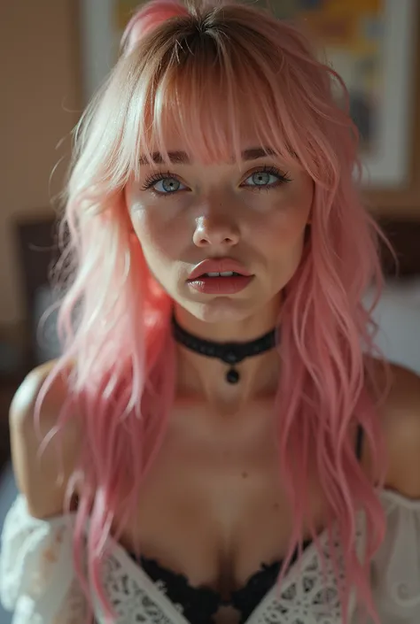 my cherry crush with blond hair and pink highlights with a black choker standing in a bedroom looking down at a point of view from below 8k, RAW photo, best quality, masterpiece:1.2), (realistic:1.3), (photorealistic:1.3), ultra-detailed, (high detailed sk...