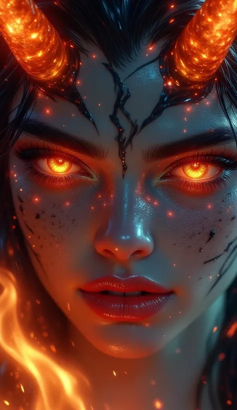  A close-up portrait of a demon woman with molten lava-like cracks on her skin, her fiery eyes glowing intensely. Her horns are jagged and sharp, resembling molten stone, and her expression is one of wrath and destruction, with flames flickering around her...