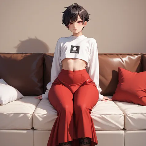 1 femboy,  black very short hair ,  on legs, red thong straps, long skirt,  wide hips, with tummy  ,  black lace stockings , каблуки  on legs, white sweatshirt