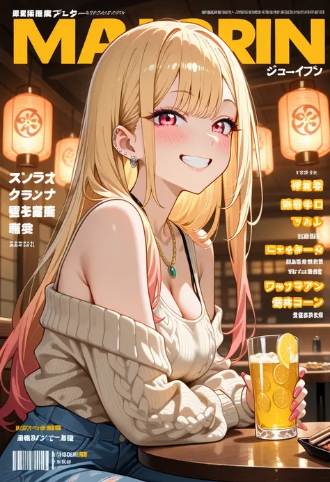 Marin Kitagawa, long hair styled in a messy bun with a few loose strands, blonde hair, light pink ombre hair, red eyes, earrings, multiple ear piercings, soft beige knit sweater layered over a casual tank top, simple gold chain necklace, sitting at a cozy ...