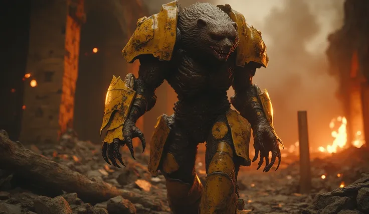 a mutant clad in the dirty yellow armor of the future. big bear claws. Red eyes. A hybrid of a human and a bear. Big body, hump, strong legs in armor. Huge bear claws. yellow armor with red elements. He walks among ruins and ashes. It's night, the fire is ...