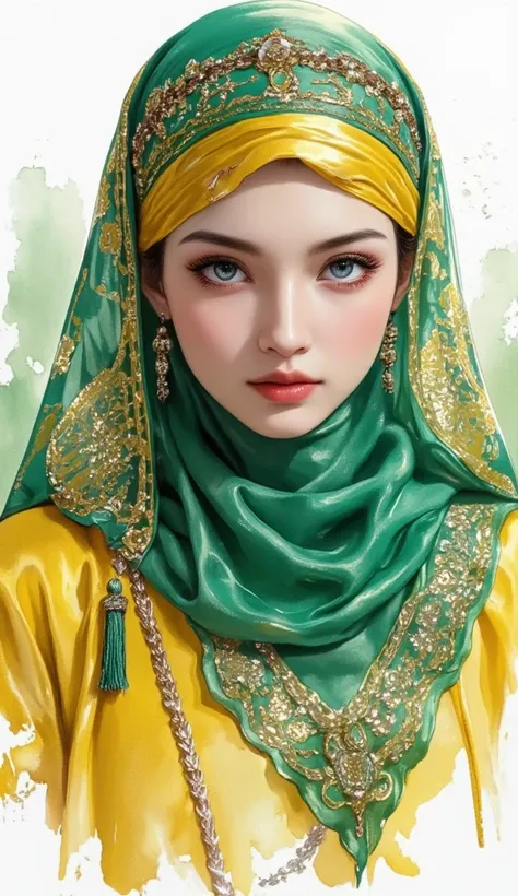 A watercolor-style painting of a beautiful Arab woman with a vibrant green and yellow headscarf. The headscarf is intricately designed with golden patterns and beadwork. The woman has striking blue eyes and her gaze is directed towards the viewer. She is w...