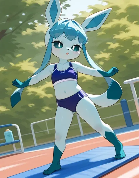 alone, score_9,score_8_up,score_7_up, (toddler:1.3), anthro female glaceon, blue sclera, white eyes, sports bra, sport panties, yoga pose, outdoors.