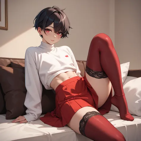 1 femboy,  black very short hair ,  on legs, red straps on the hips, long skirt,  wide hips, with tummy ,  black lace stockings , каблуки  on legs, white sweatshirt