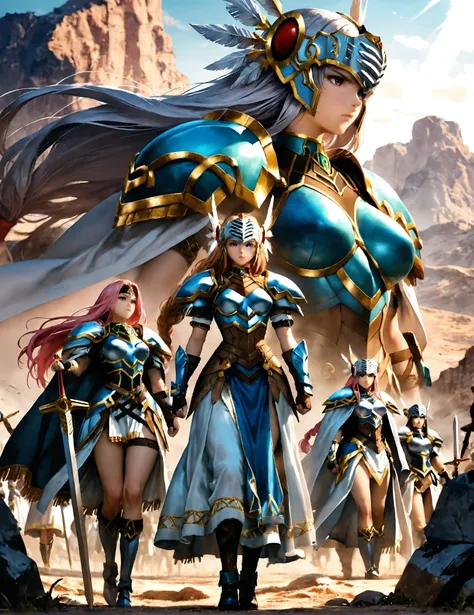 5girls, a group of 5 anime warrior girls valkyries, Valkyrie Profile,large cape, wasteland, Wearing a soft armor,big large bosom (inside armor's breastplate), broadsword on her hand,serious, curvy body, milf's hips, They're cavalry (but rides a wolf), ridi...