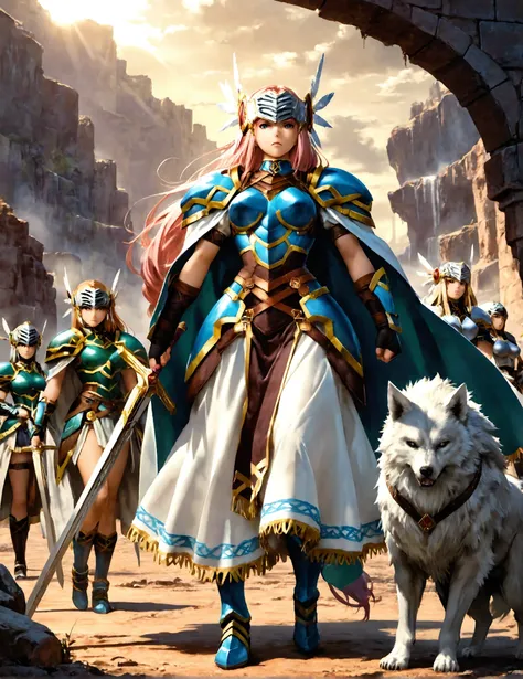 5girls, a group of 5 anime warrior girls valkyries, Valkyrie Profile,large cape, wasteland, Wearing a soft armor,big large bosom (inside armor's breastplate), broadsword on her hand,serious, curvy body, milf's hips, They're cavalry (but rides a wolf), ridi...