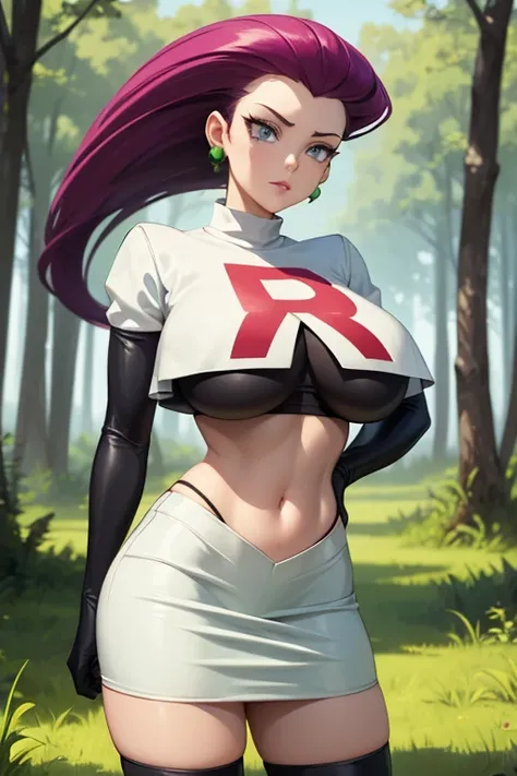 (masterpiece), 1girl, solo, absurdres, highres, standing, cowboy shot,jessie pokemon, hair slicked back, long hair,purple hair,blue eyes, team rocket ,team rocket uniform ,white skirt,crop top,thighhighs,elbow gloves, outdoors, forest, huge breasts, underb...