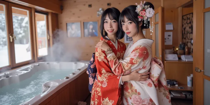 Geisha sisters (elegant hair, short fancy Japanese silk robe with intricate embroidery, cute, pale white face paint, dark makeup, bright red lip paint, white body powder) hug each other in a warm embrace, set in a relaxing lodge, steaming hot tub in adjace...