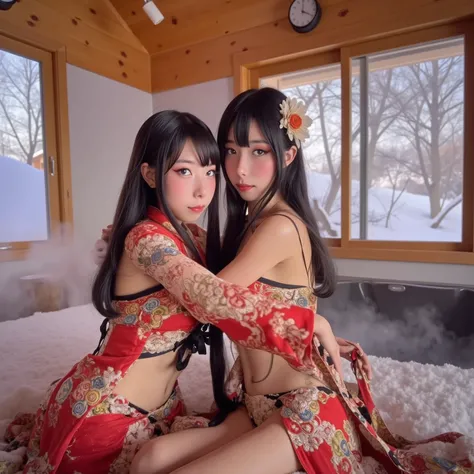 Geisha sisters (elegant hair, short fancy Japanese silk robe with intricate embroidery, cute, pale white face paint, dark makeup, bright red lip paint, white body powder) hug each other in a warm embrace, set in a relaxing lodge, steaming hot tub in adjace...