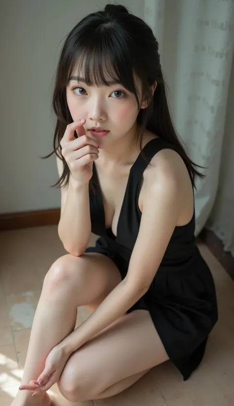  portrait photo , Masterpiece, nsfw,8k,focus on lip,side shot,shooting from below,( sensual on all fours pose on floor, immature body,  flat chest, Wide pelvis,  small ass,  toned thick legs,knee ),( 13yoJapanese girl , 148 Height cm , pale skin), black ha...