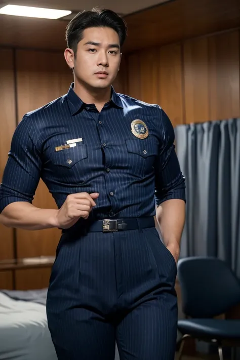 40-year-old boy ,Korean bulky male officer ,Wear navy blue police uniform shirt................ pinstripe navy blue smooth tight trouser, transparent pants obvious underwear print ,((unrealistic super big tight butt wearing pants)), legs wide open, legs on...