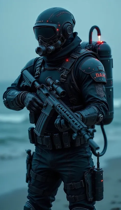  in the style of ckcr, sleek futuristic cyborg combat diver wearing a dual mode diver mask with a mares backmount and scuba gear, full kit with magazine pouches, wearing a tactical automatic rifle. standing on a hostile warzone beach at night. the diver is...