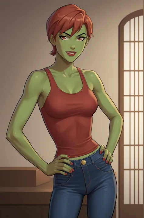 PonyXLV6_Scores BREAK (perfect anatomy, perfect eyes), BREAK mgann morzz, short hair, red hair, colored skin, green skin, freckles, brown eyes, makeup, lipstick, flirting, raised eyebrow, ((looking at viewer)), superhero, scarlet tank top, scarlet jeans, c...