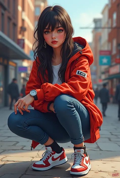 a masterpiece，Bestquality，offical art，8kwallpaper，Extremely Detailed，Illustration，23 year old Girl，Trendy outfits，watch，sneaker shoes，squat down，Hands droop naturally，Hooded jacket，Street side, Realistic HD 