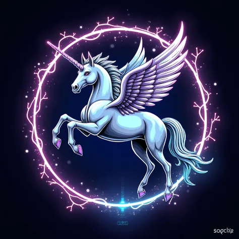 Elegant graffiti inscribed unicorncoorp , Galaxy electric circle logo background illustration of horned and winged horse