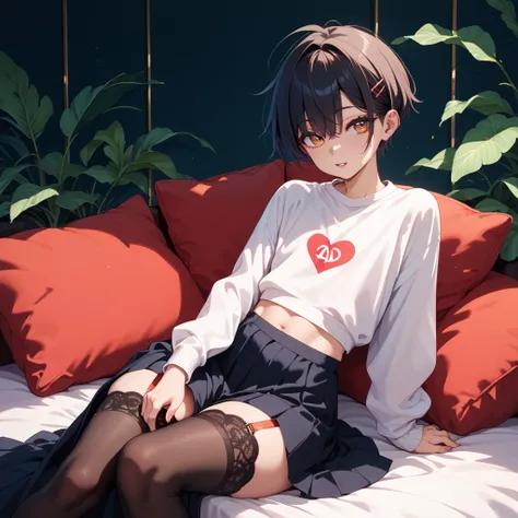 1 femboy,  black very short hair ,  on legs, red straps on the hips, long skirt,  wide hips, with tummy ,  black lace stockings , каблуки  on legs, white sweatshirt