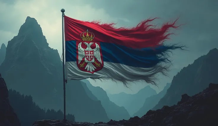 draw me serbian flag but make it scary with and mountain on it