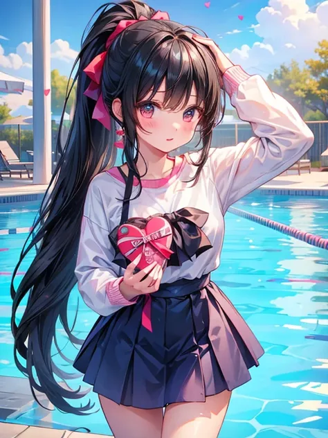  cute high school girl grabbing someone else's head、 Valentine's Day 、 pool、 long hair,  black hair,  ponytail, 