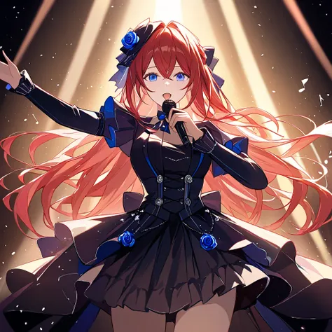 A mysterious female singer passionately performing on stage. She has vibrant long red hair and striking blue eyes. Holding a microphone in one hand, she expresses deep emotions through her performance. The background features stunning stage lighting, creat...